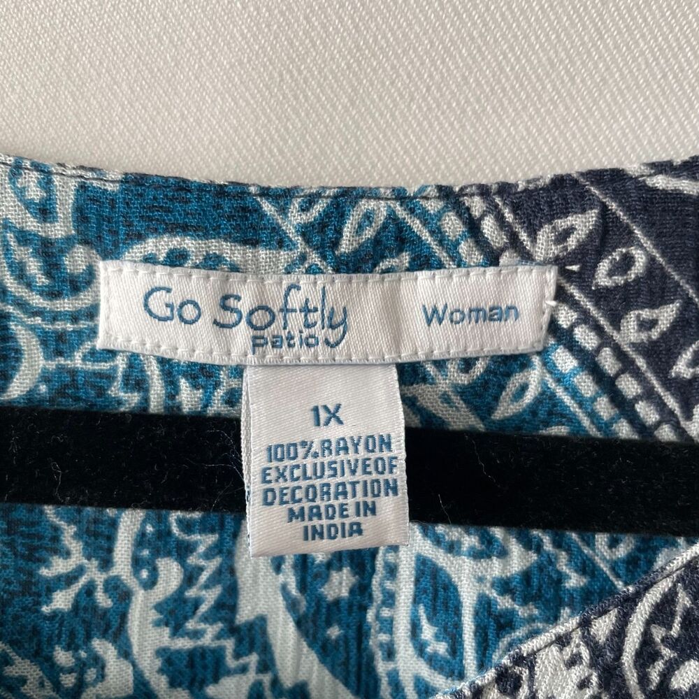 Go Softly Patio Dress Womens 1X Teal Navy Paisley Rayon Zip Front Tassel - Picture 6 of 12